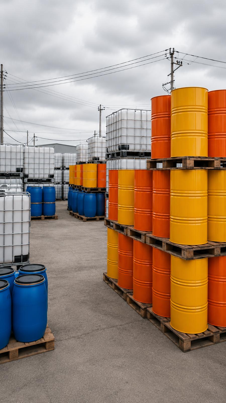 Tambores metálicos y contenedores IBC organizados por color en un patio industrial